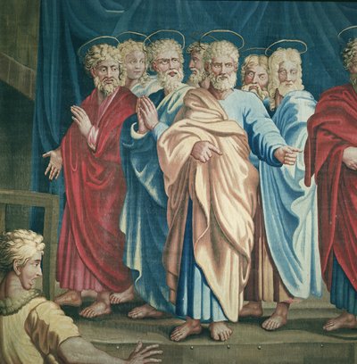 Az apostolok cselekedeteit, Szent Pál és az apostolok Anániás halálának részletét ábrázoló kárpit a Beauvais-műhelyben szőtt Philippe Behagle irányításával 1641-1705, 1695-98 gyapjú alkotó: Raffaello Sanzio Raphael